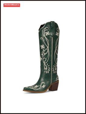 Faux Leather Knee High Western Cowboy Boots Embroidered Block Heel
